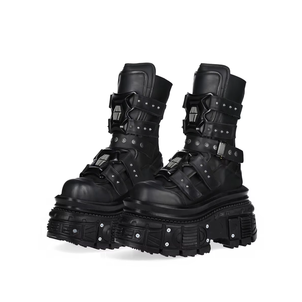 Black gothic biker-style mid-calf boots with thick sole
