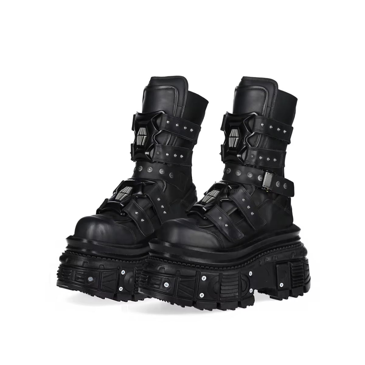 Black gothic biker-style mid-calf boots with thick sole