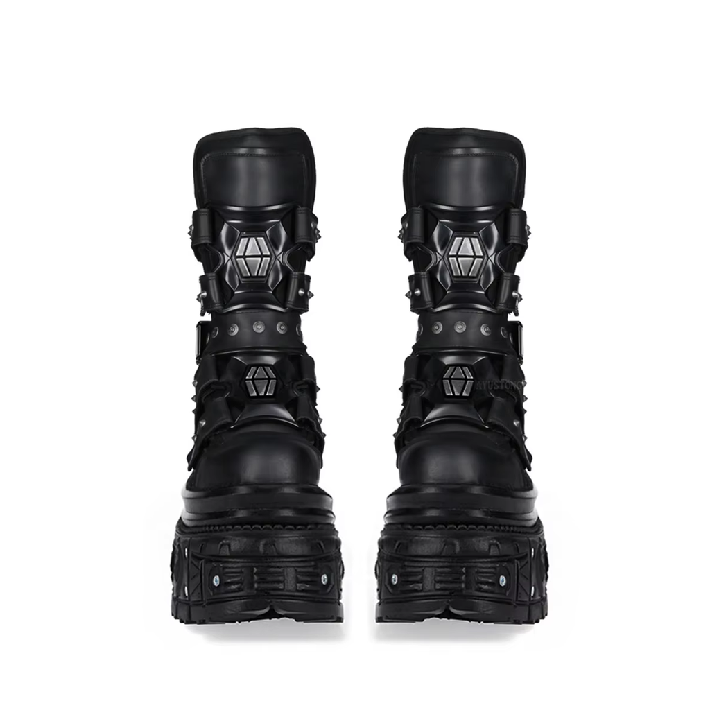 Black gothic biker-style mid-calf boots with thick sole