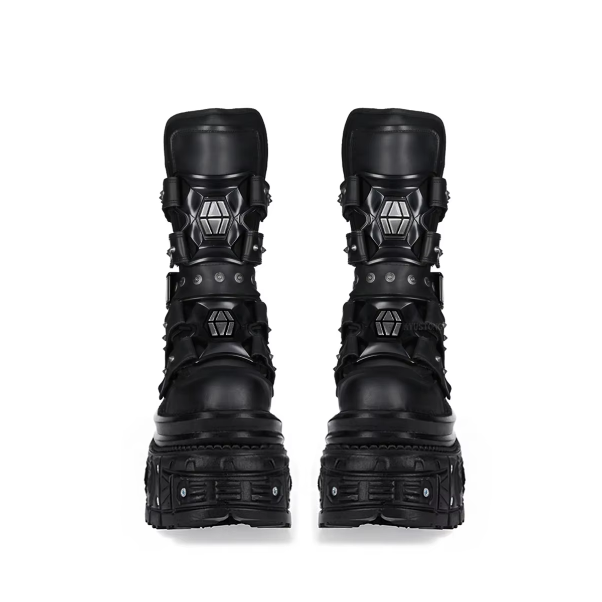 Black gothic biker-style mid-calf boots with thick sole