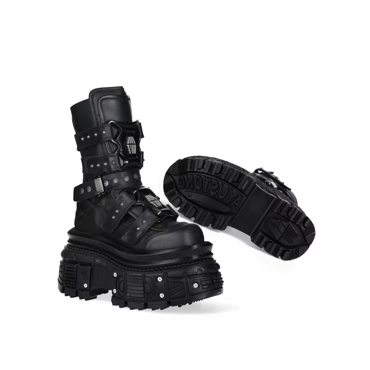 Black gothic biker-style mid-calf boots with thick sole