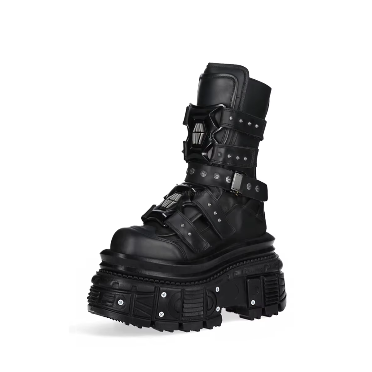 Black gothic biker-style mid-calf boots with thick sole