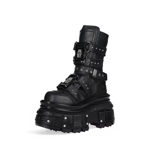 Black gothic biker-style mid-calf boots with thick sole