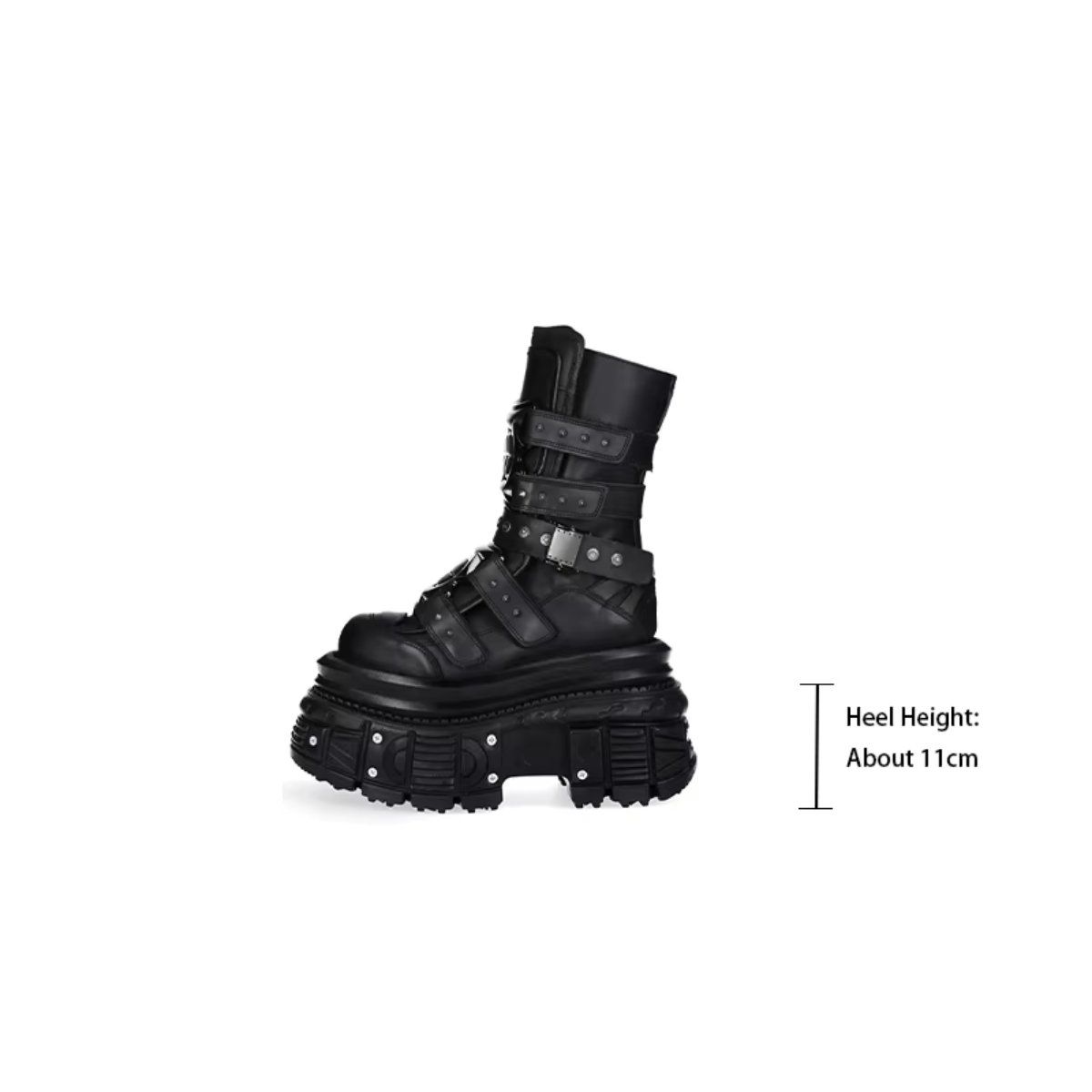 Black gothic biker-style mid-calf boots with thick sole