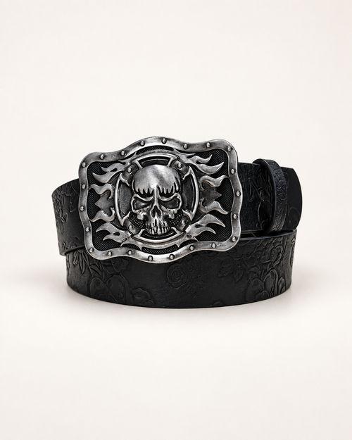 Black embossed belt with a silver-tone skull and flame buckle