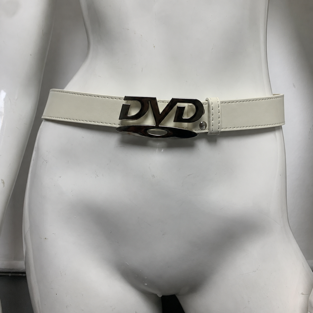 White Retro DVD buckle belt styled on a white torso mannequin