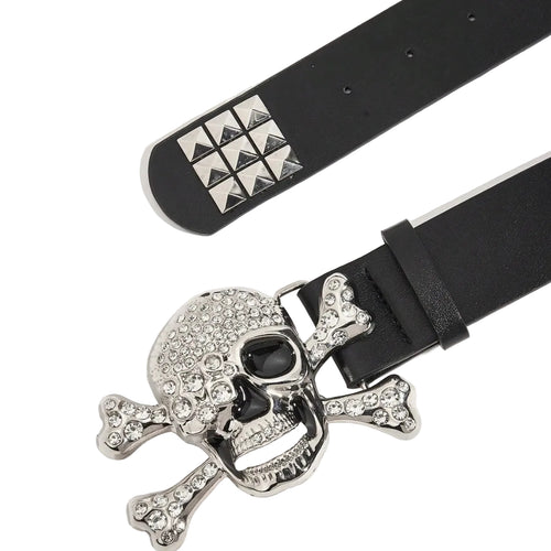 Close-up of Frosty Skull rhinestone buckle, crossed bones and studded belt end