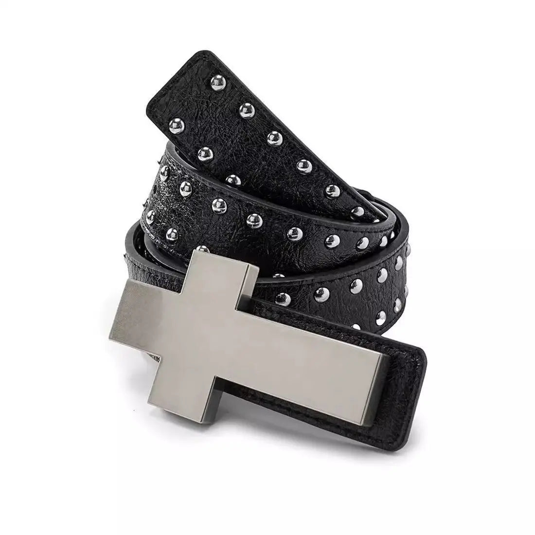 Black Rivet Cross belt coiled with oversized silver cross buckle and round studs