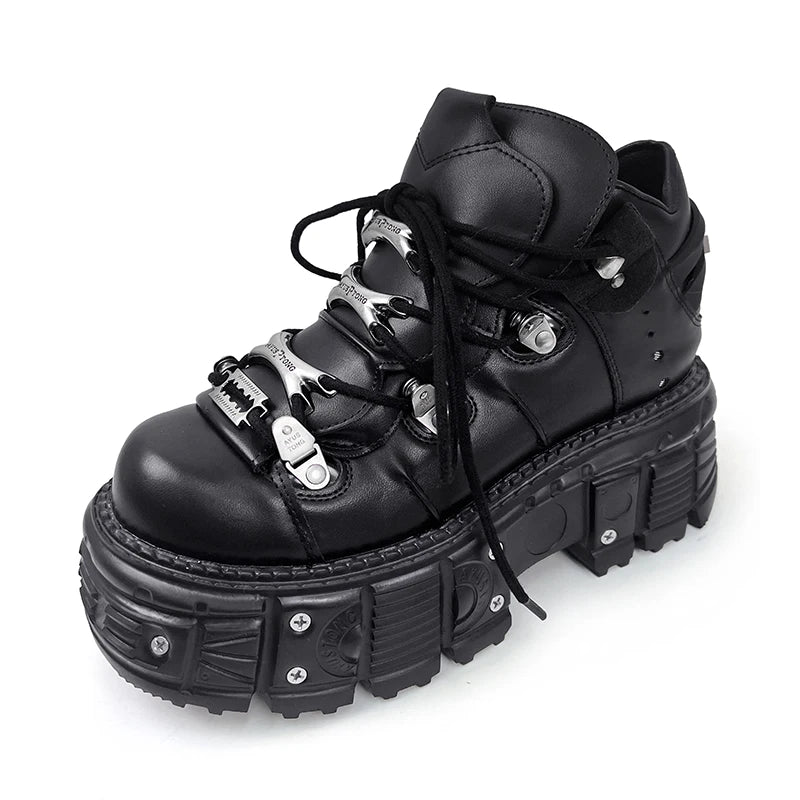 Black gothic lace-up platform ankle boots with metal detail