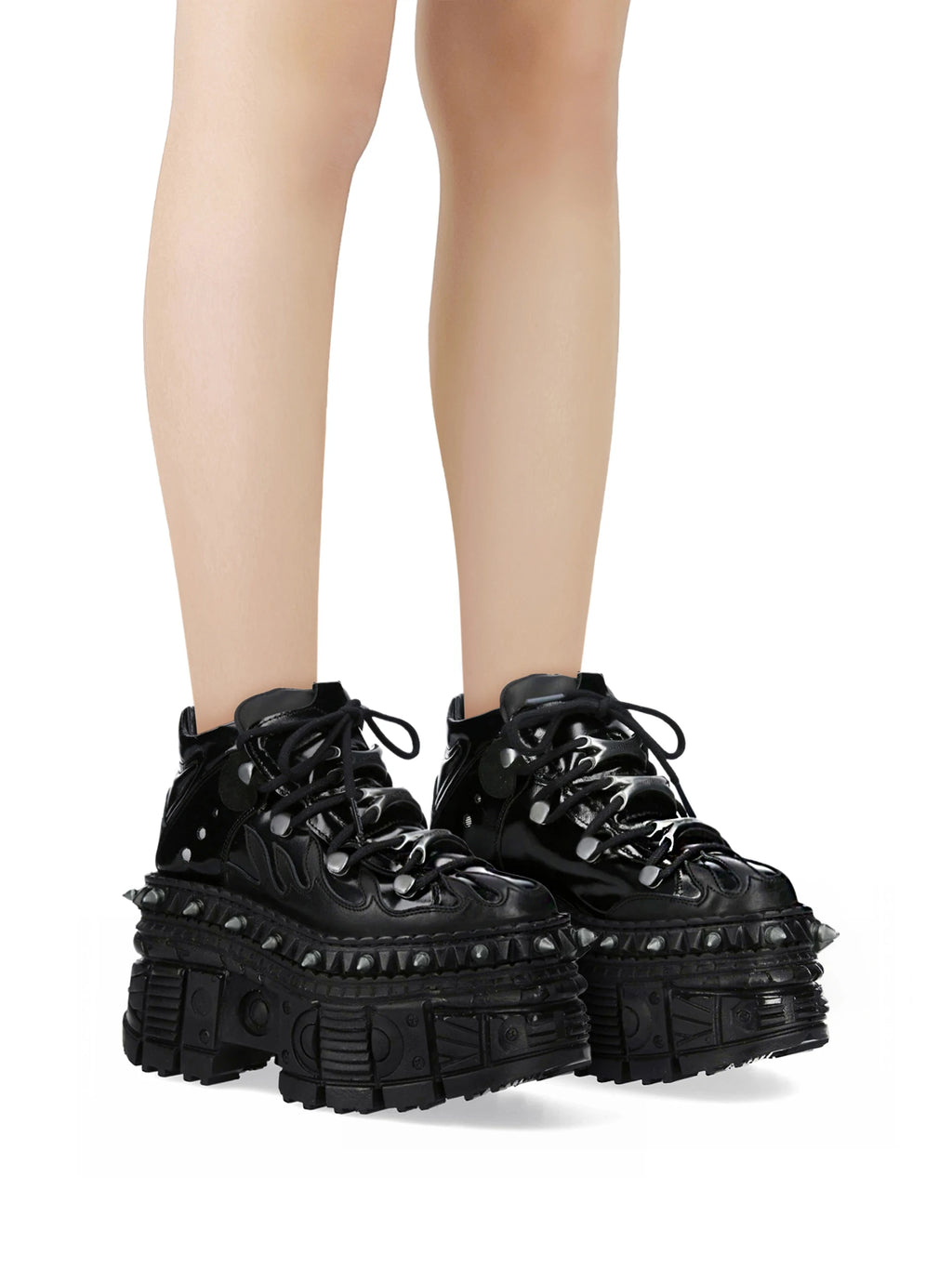 Black punk platform shoes with flame and rivet detail