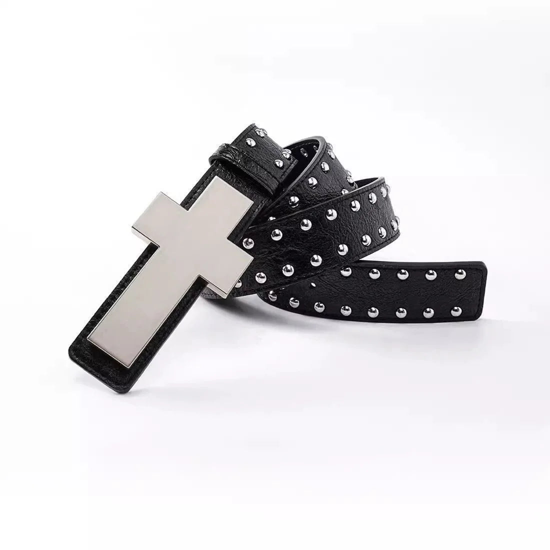 Angled coiled black Rivet Cross belt with silver buckle and round rivets