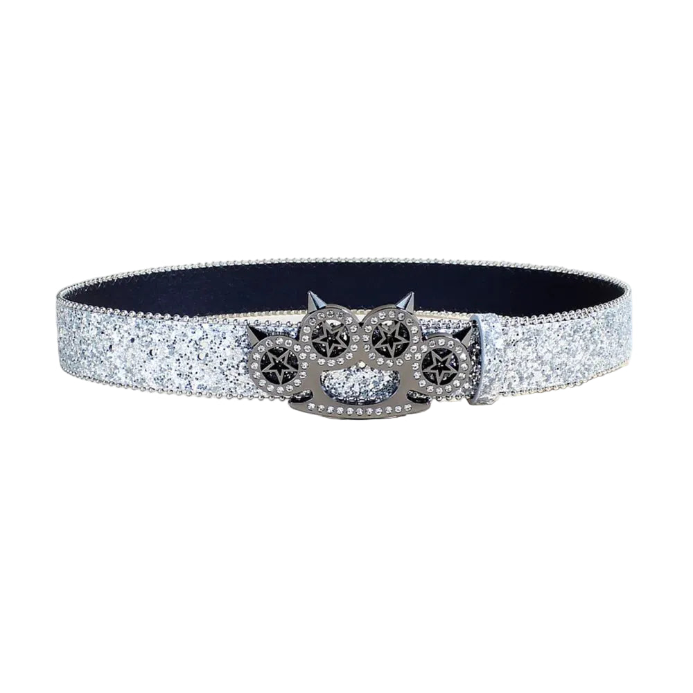 Full silver glitter brass knuckle belt with rhinestone star buckle