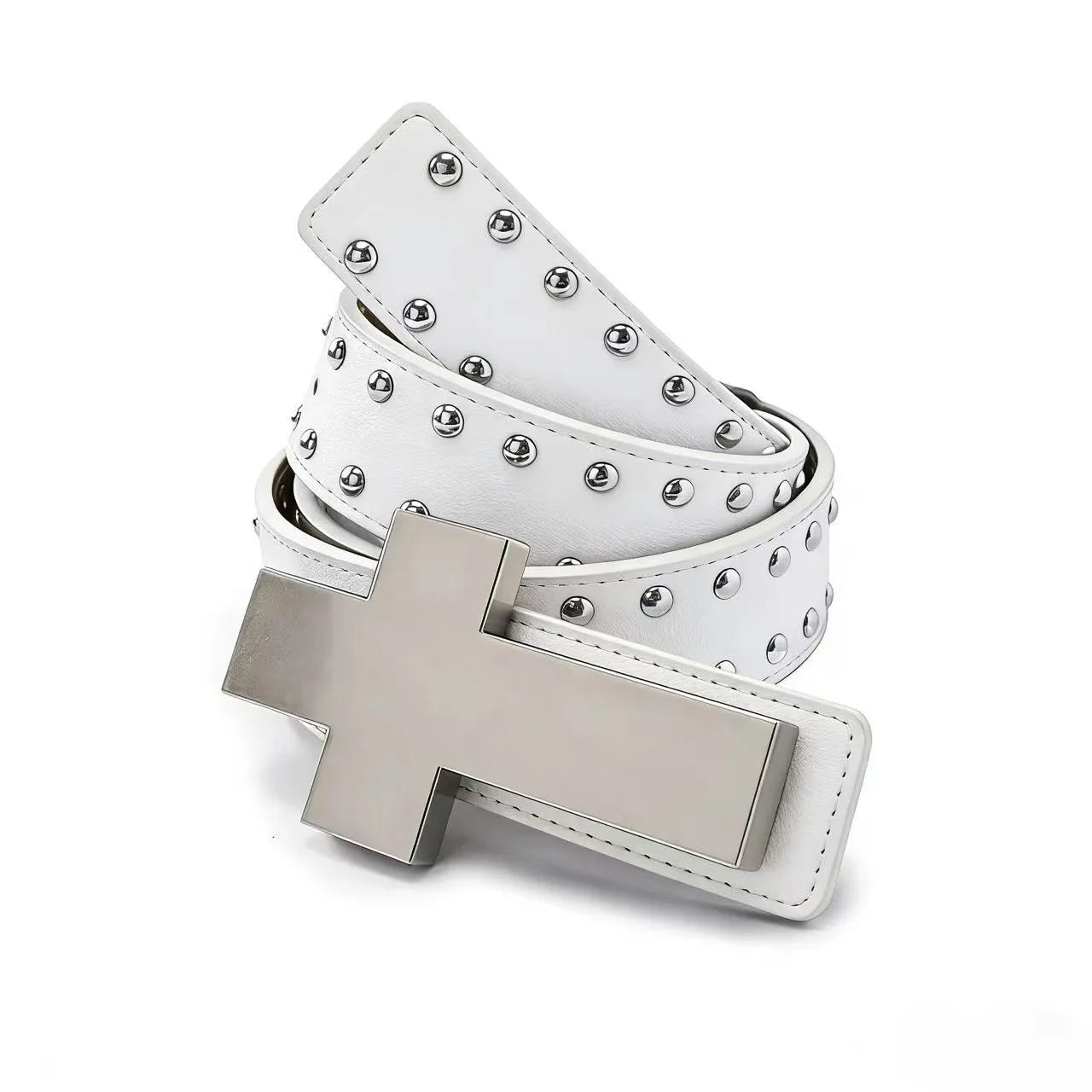 White Rivet Cross belt coiled with silver round studs and oversized buckle