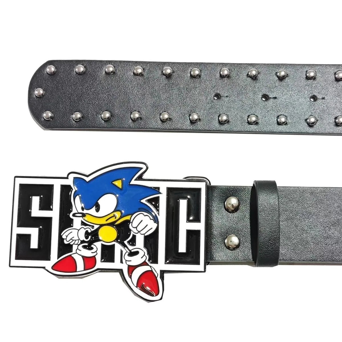 Close-up of Hedgehog Retro belt buckle, leather keeper and studded pointed end