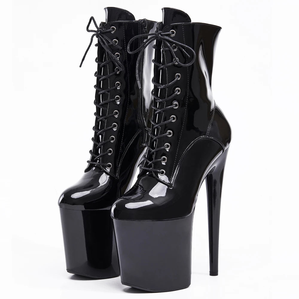 Black shiny platform ankle boots with cross-lace detail and spike heel