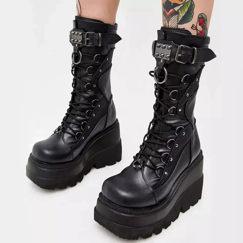 Black gothic mid-calf wedge boots with zip fastening
