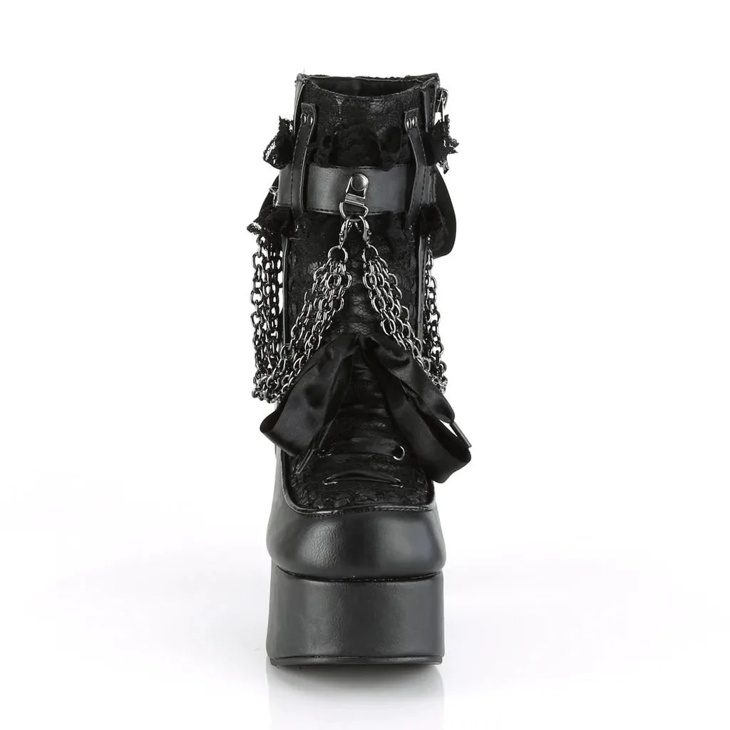 Black chunky gothic ankle boots with chain and bow detail