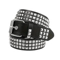 Stacked view of black Pyramid Punk studded belt showing buckle and strap end