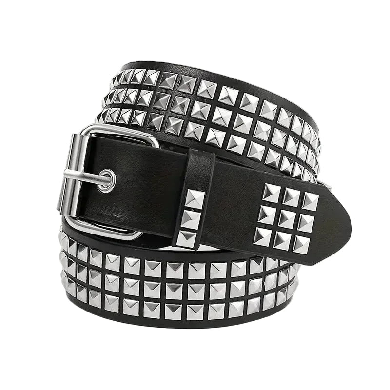 Stacked view of black Pyramid Punk studded belt showing buckle and strap end
