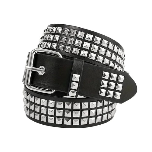 Stacked view of black Pyramid Punk studded belt showing buckle and strap end