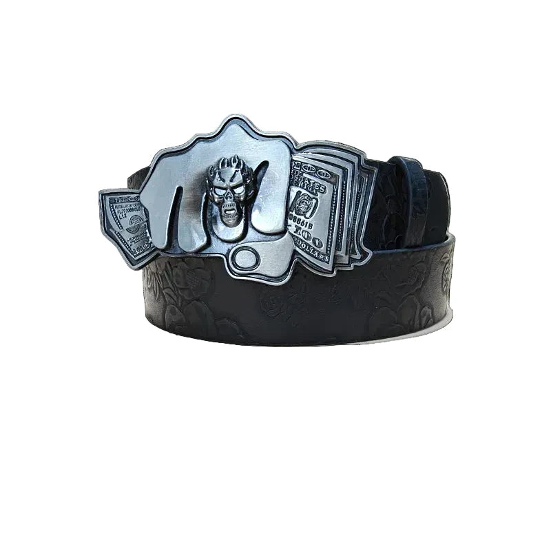 Black embossed 'Gimme My Money' belt with silver fist, cash and skull buckle on white