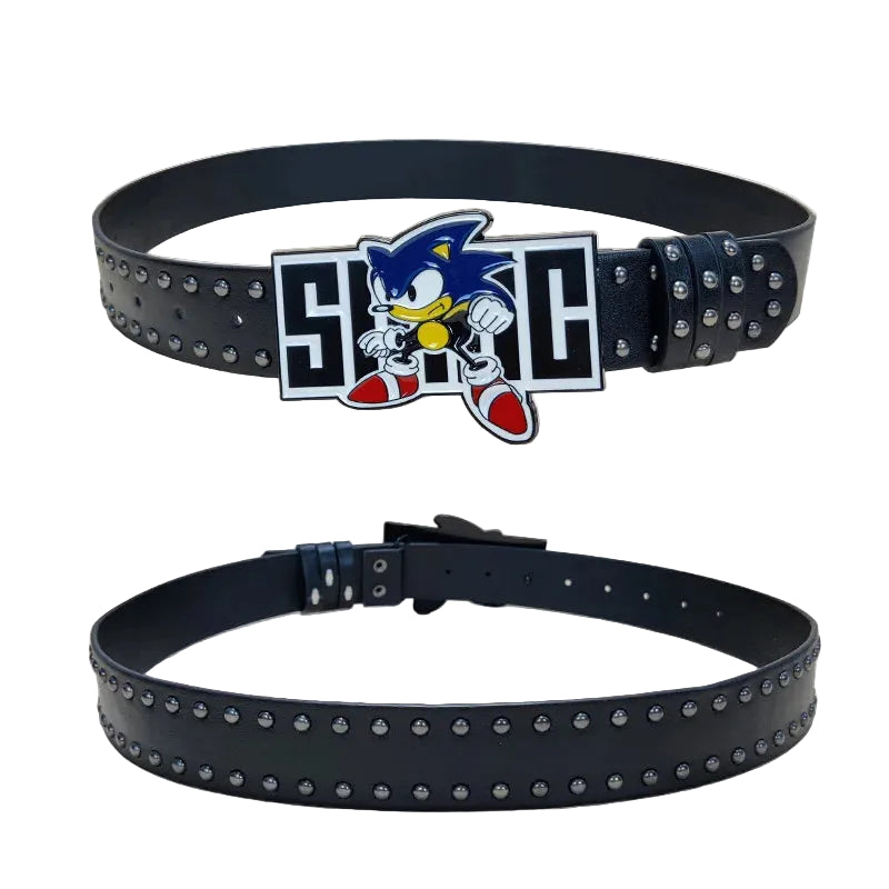 Front and back views of blue graphic Speedster belt with double-row silver studs