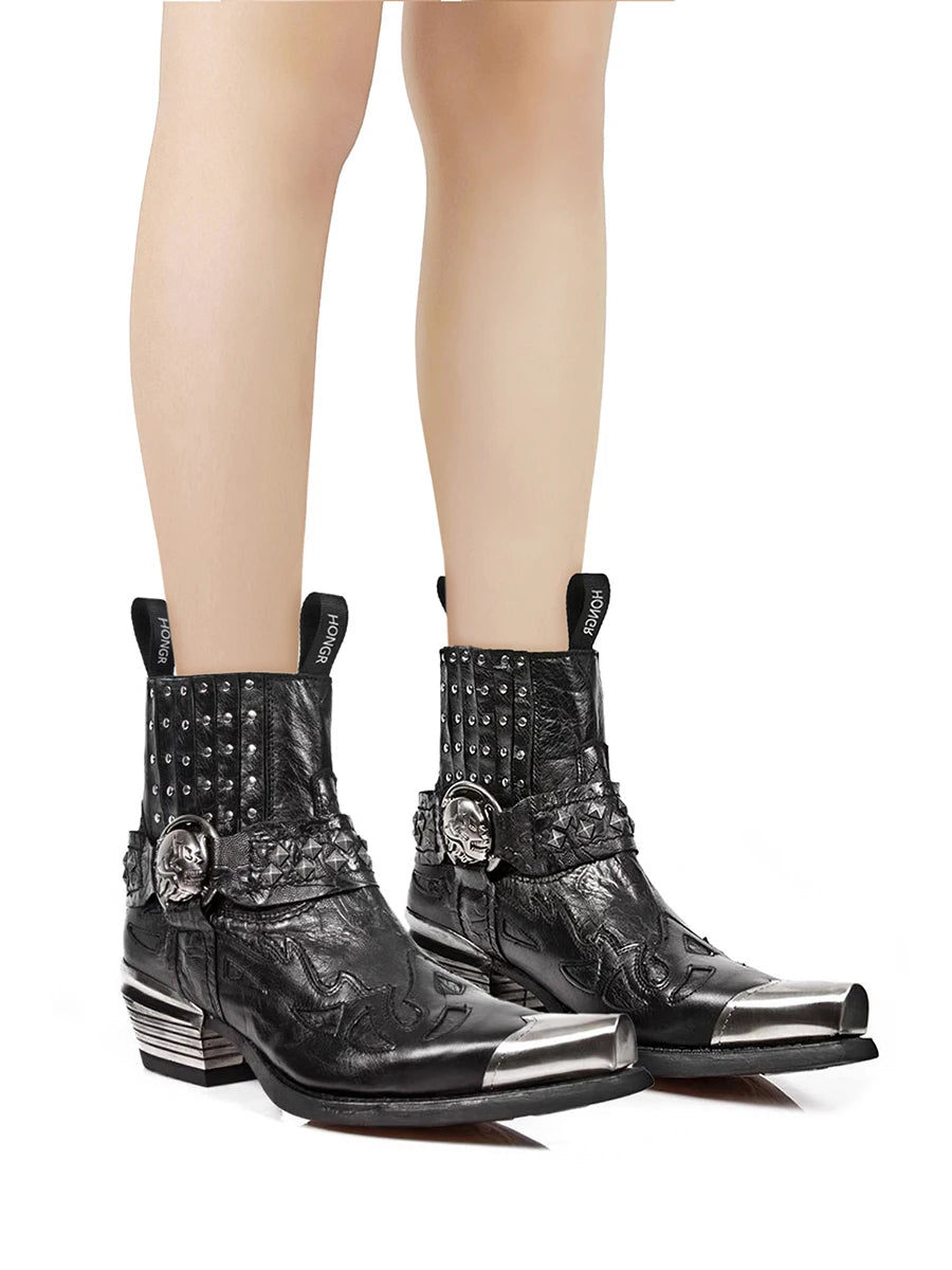 Black Goth Boots – Pointed-Toe Chelsea Style with Metallic Detail