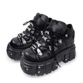 Black gothic lace-up platform ankle boots with metal detail