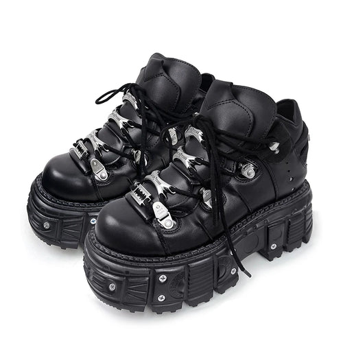 Black gothic lace-up platform ankle boots with metal detail