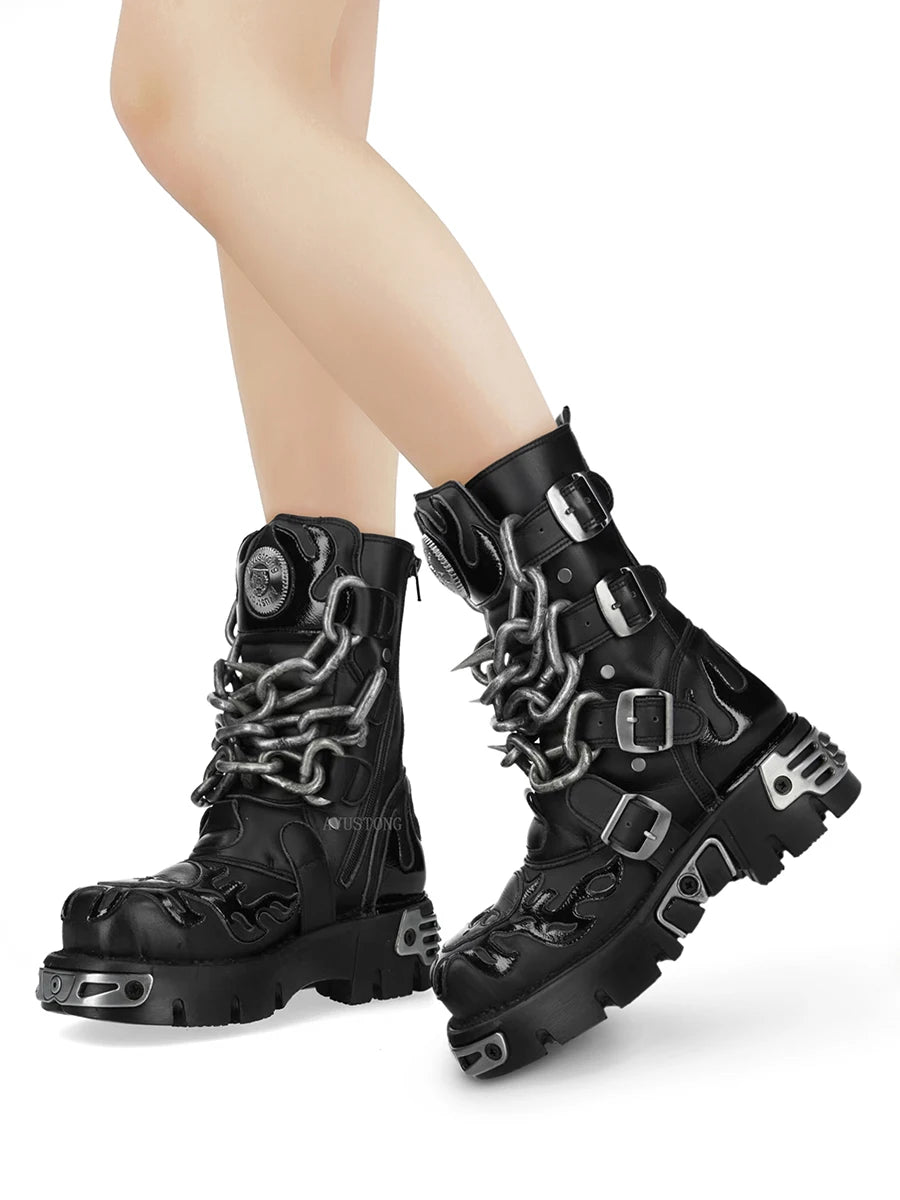 Black Women's Biker Boots with Chain Detail