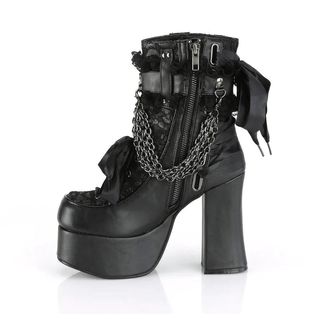 Black chunky gothic ankle boots with chain and bow detail