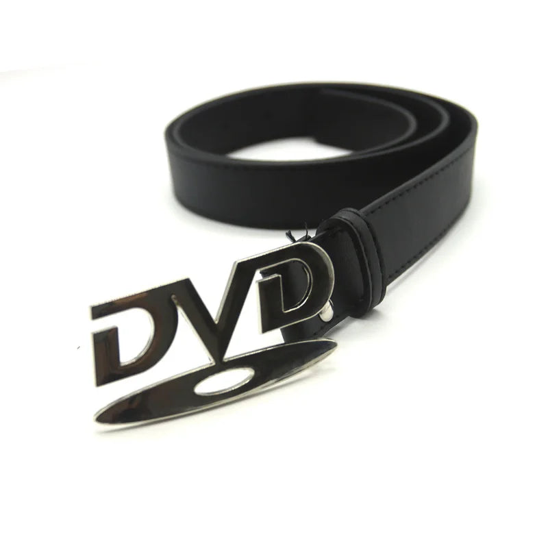 Black DVD buckle belt coiled on white with silver retro logo buckle