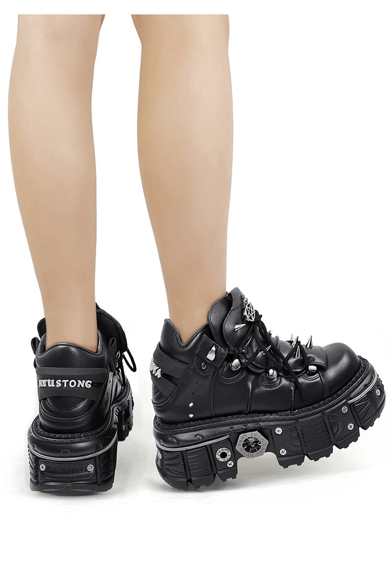Black Goth Platform Sneakers with Metal Detail
