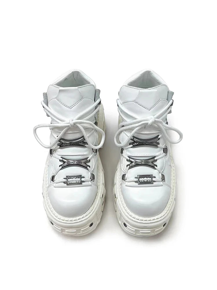 White punk lace-up ankle boots with metal detail