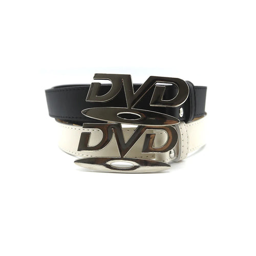 Black and white Retro DVD buckle belts stacked on white