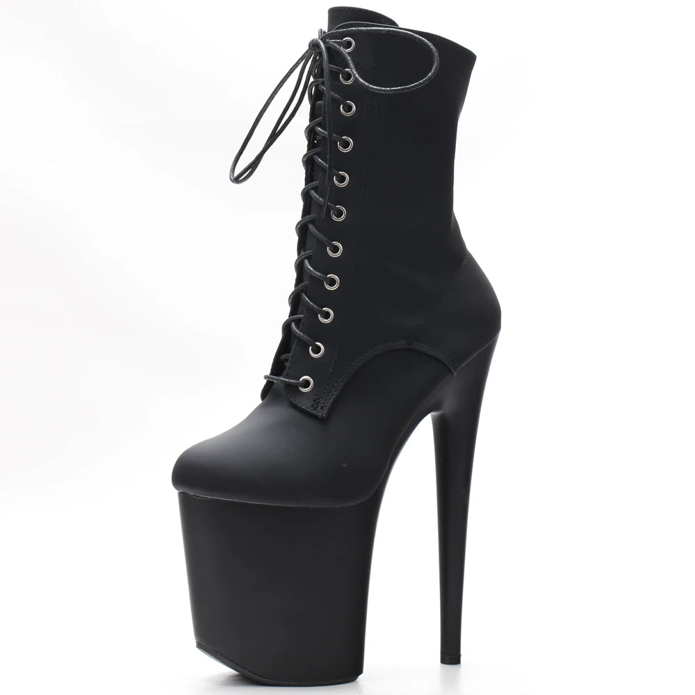 Black shiny platform ankle boots with cross-lace detail and spike heel