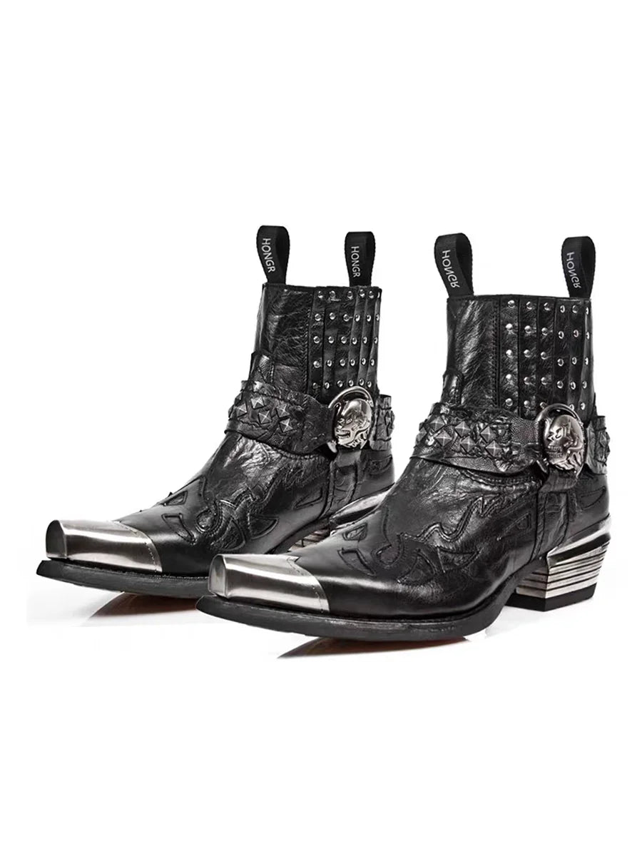 Black Goth Boots – Pointed-Toe Chelsea Style with Metallic Detail