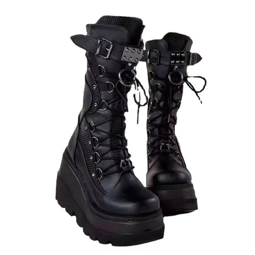 Black gothic mid-calf wedge boots with zip fastening