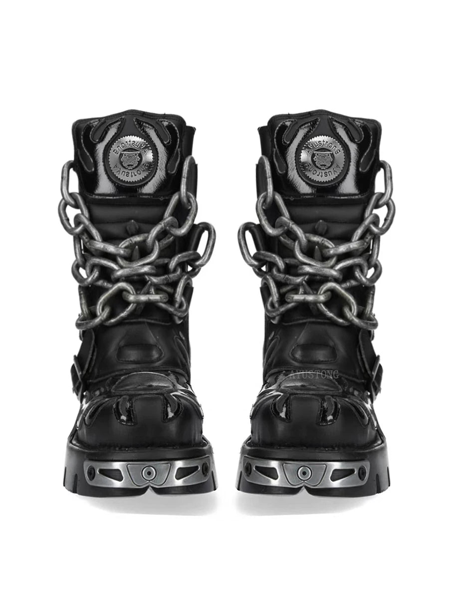Black Women's Biker Boots with Chain Detail