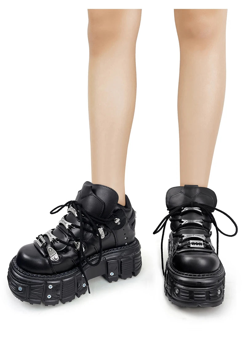 Black gothic lace-up platform ankle boots with metal detail