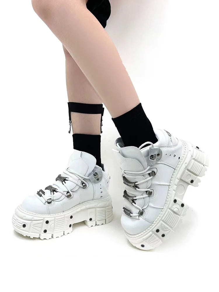White punk lace-up ankle boots with metal detail