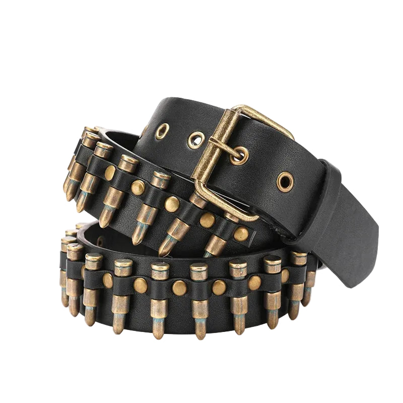 Angled product view of coiled black bullet belt with antique brass hardware