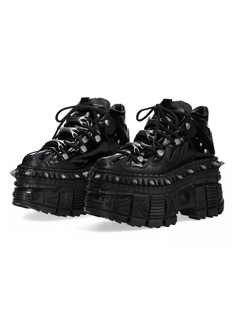Black punk platform shoes with flame and rivet detail