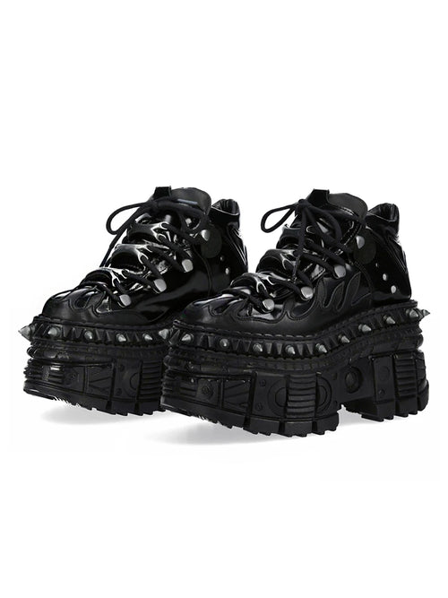 Black punk platform shoes with flame and rivet detail