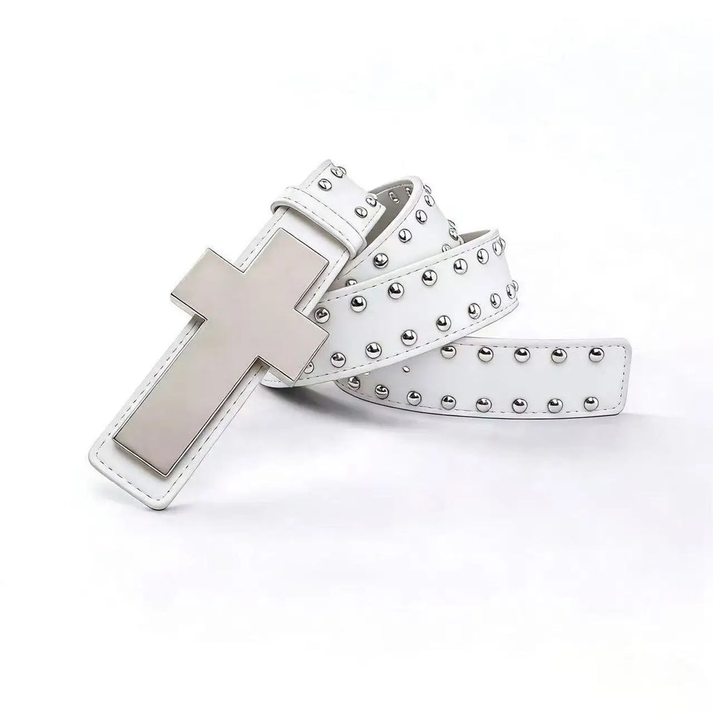 White Rivet Cross belt laid open to show studded strap and silver buckle