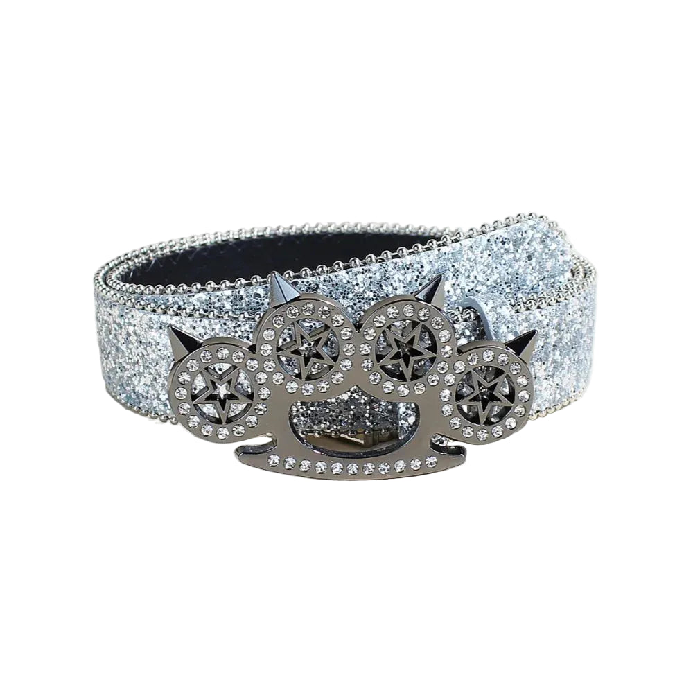 Silver rhinestone brass knuckle belt with silver star-cutout buckle