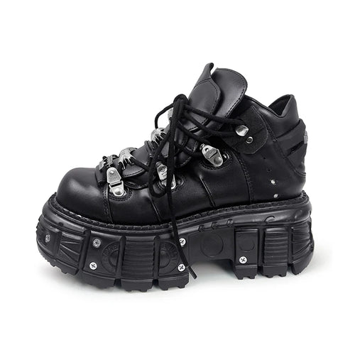 Black gothic lace-up platform ankle boots with metal detail