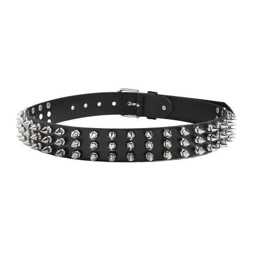 Full front view of black Spiked Punk belt with three rows of cone studs