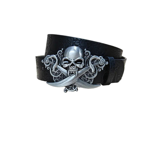 Coiled Davy Jones pirate belt with ornate skull and crossed swords buckle