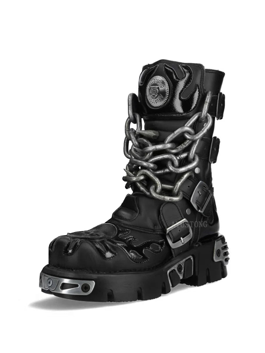 Black Women's Biker Boots with Chain Detail